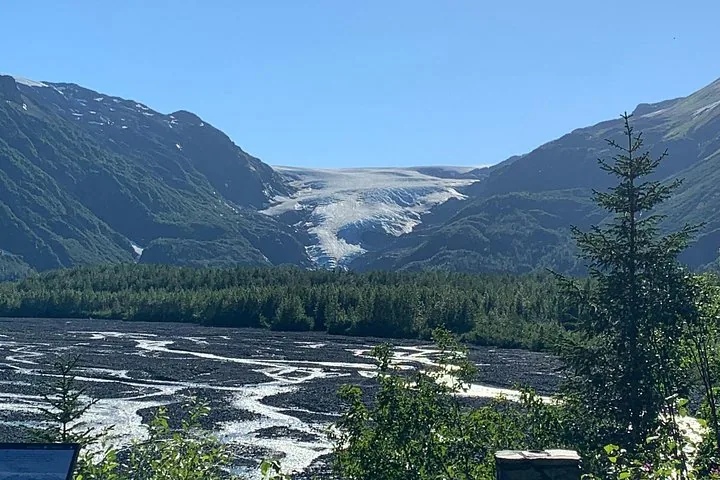 Ein Blick auf den Exit-Gletscher aus der Ferne hinter einem steinigen Flussbett.